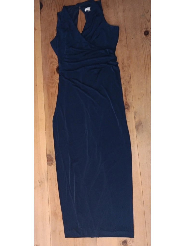Calvin Klein Evening Gown Womens 14 Halter Neck Blue Ruched Jersey Back Cut Out